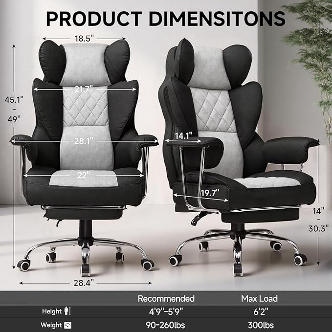 GTPLAYER Gaming ChairOffice Chair with Pocket Spring Lumbar Support Ergonomic Comfortable Wide Office Desk Computer Chair with Outward Fixed Soft Armrests and Footrest (Fabric Black &amp Gray)