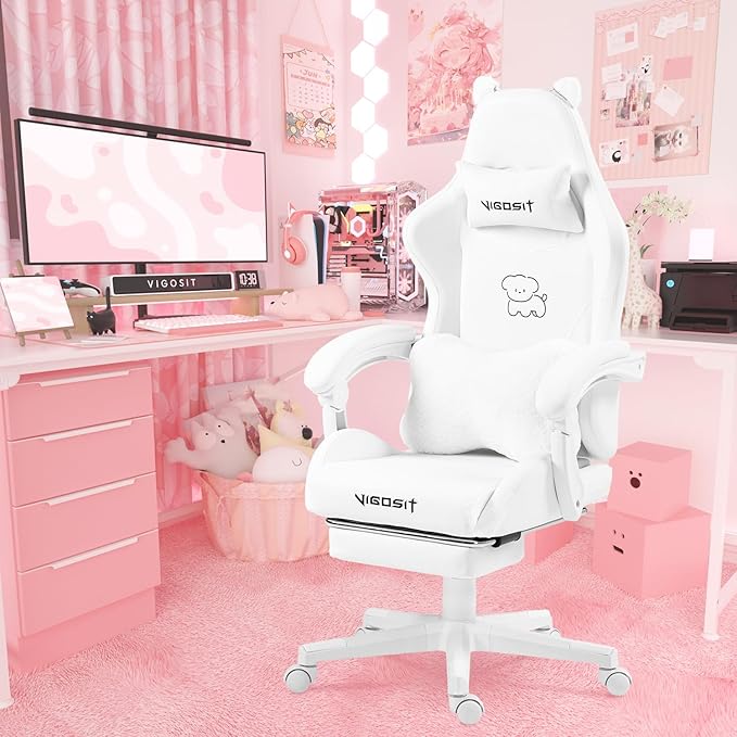 White Gaming Chair with Cute Ears &amp Lumbar Pillow Ergonomic Racing Style Computer Chair with Footrest Reclining High Back PU Leather Video Gamer Chairs for Girls &amp Kids &amp Adults