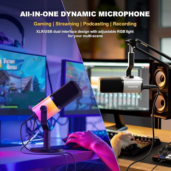 MAONO USB/XLR Podcasting Microphone for PC Gaming Streaming Dynamic Mic with Mute Button Software-RGB Desktop StandComputer Mic for Video Studio Recording-PD100XRGB