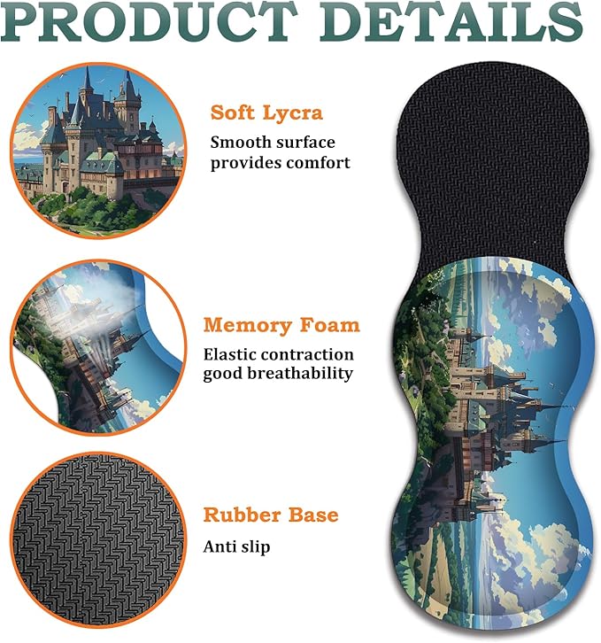 Large Gaming Mouse Pad + Wrist Rest + Lace Coaster Non-Slip Set with Sewn Edges and Waterproof Expandable Desktop Pad Suitable for Office/Home Castle in Forest