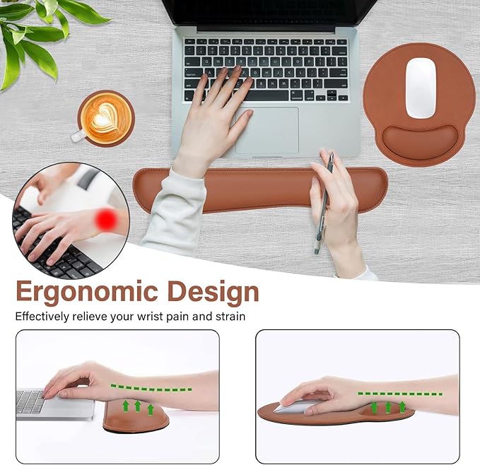 MOSISO Wrist Rest Support for Mouse Pad &amp Keyboard Set Ergonomic PU Leather Keyboard and Mousepad with Wrist Rest&ampCoaster Non-Slip Base Home/Office Easy Typing Cushion with Raised Memory Foam