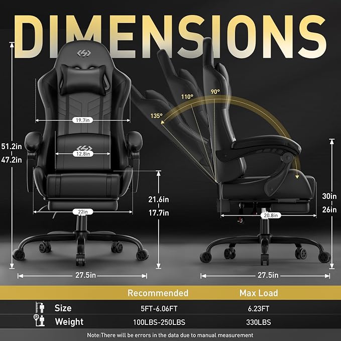 HLDIRECT Gaming Chair Ergonomic Video Game Seat with 360° Swivel &amp Lumbar Massage Computer Chair PU Leather Cushion for Adults Home/Office Use (Black)
