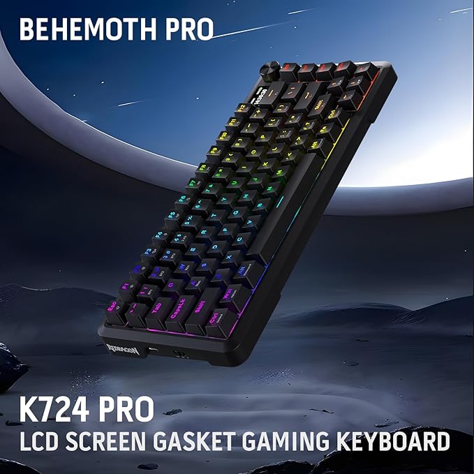 Redragon K724 PRO Wireless Gasket Gaming Keyboard w/Hype Screen &amp Knob 81-Key Mechanical Keyboard Easy-Control 1.14’’ TFT Info Display 5-Layer Noise Dampening Custom Linear Switch
