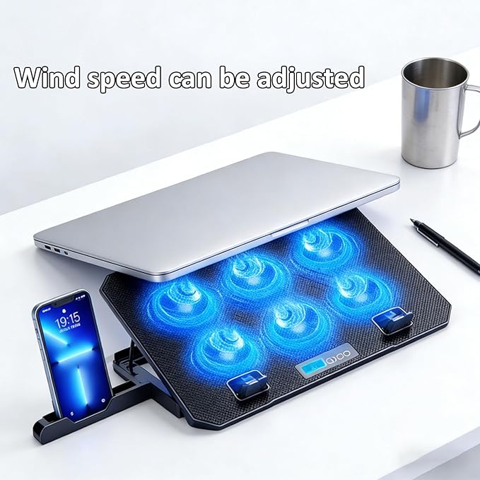 6 Quiet Fan Laptop Cooling Lighting Adjustable Foldable Cooling Pad LED Light Fan with 2 USB Port Phone Holder Travel Accessory