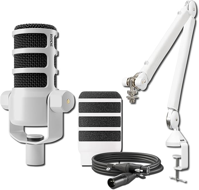 Rode PodMic Dynamic Broadcast Microphone with PSA1+ Microphone Boom Arm WS14 Pop Filter and Premium XLR Cable (White Bundle)