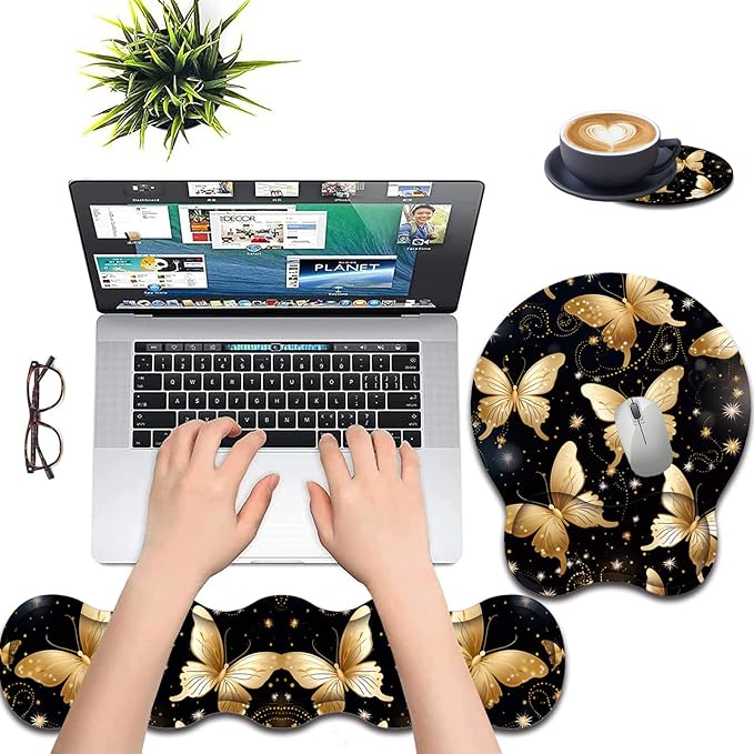 Keyboard Wrist Support + Wrist Mousepad + Coaster Combination Non-Slip PU Base with Gel Memory Mousepad Suitable for Gaming Office Pain Relief Mousepad Set - Golden Butterfly