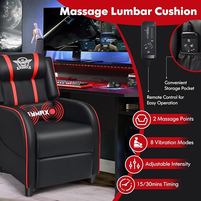 GYMAX Gaming Recliner Massage Gaming Chair with Adjustable Footrest Remote Control &amp Side Pocket Ergonomic Game Lounge Chair Racing Style Single Theater Seat Game Sofa for Adults (Red)