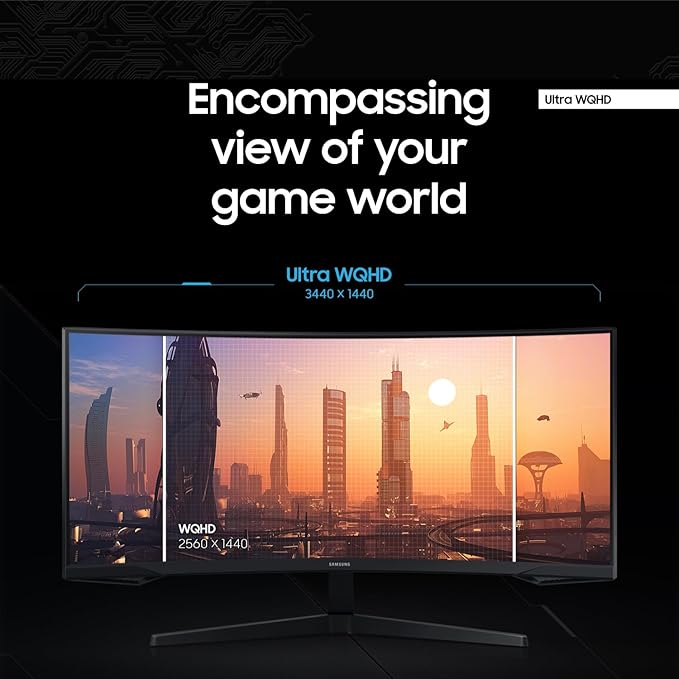 Samsung 34' Odyssey G5 Ultra-Wide Gaming Monitor with 1000R Curved Screen 165Hz 1ms FreeSync Premium Large Display Eye Comfort Multiple Ports WQHD LC34G55TWWNXZA Black