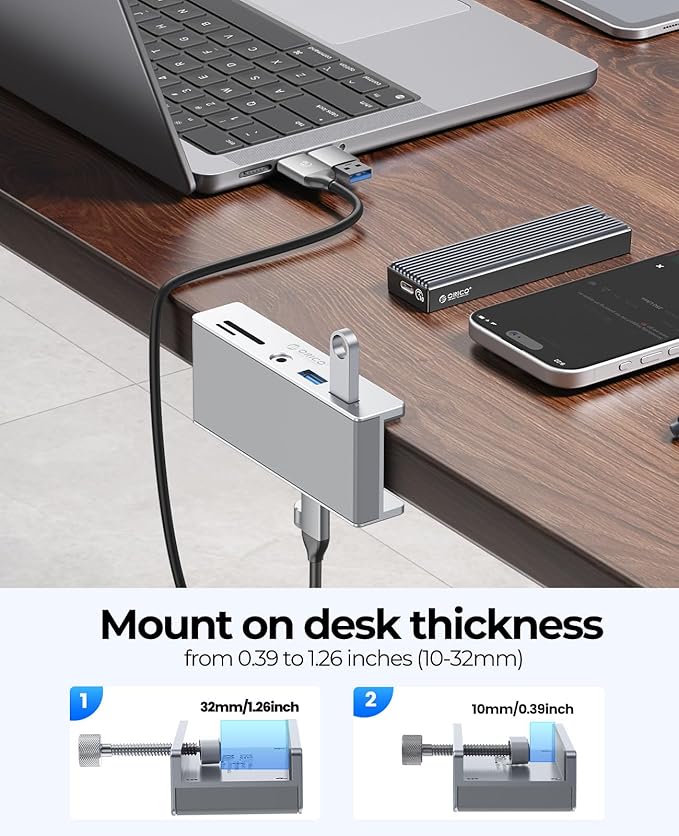 ORICO USB Hub 3.0 Clamp USB Hub with Extra Power Port Aluminum USB C Adapter with 2 USB-A Data Ports3.5mm AUX SD/TF Card Reader for Desktop(Silver)
