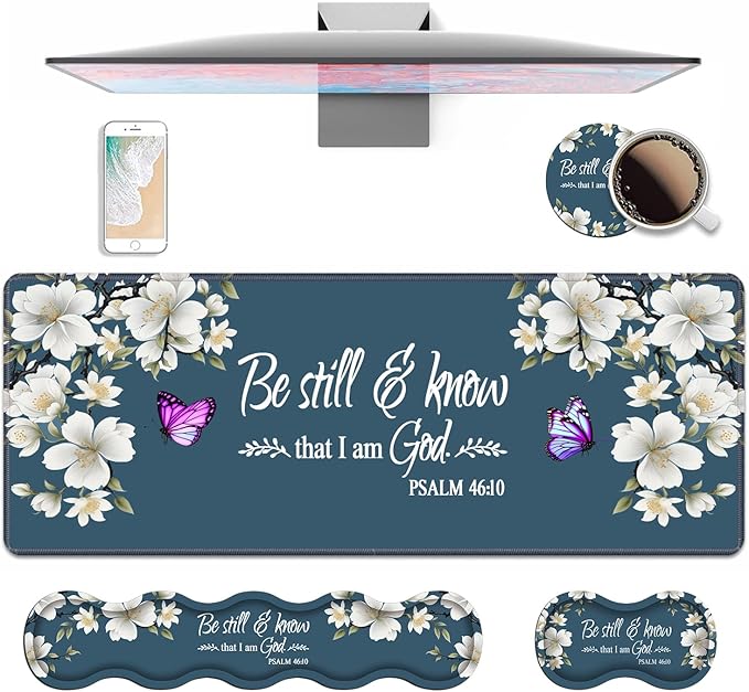 4 in 1 Ergonomic Keyboard Wrist Rest &amp Mouse Pad Wrist Rest SetLarge XXL Gaming Desk Mat 31.5x 11.8 with Non-Slip BaseMemory Foam for Home Office Study GamingFloral Quote Bible Verse Psalm 46