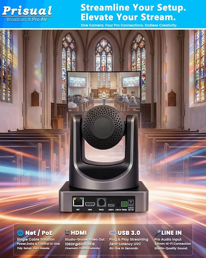 NDI 6.1.1 PTZ Camera Ai Auto-Tracking 20x Optical Zoom LAN USB3.0 PoE HDMI PTZ Camera for Church Services Worship Education Live Events(Official NDI Certified) PT20X-UL-N