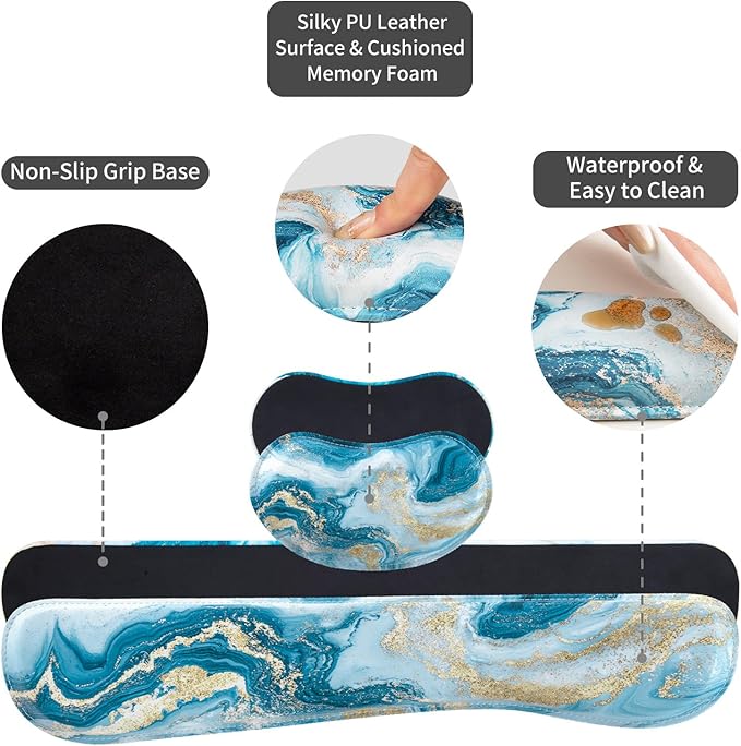 QiyI Leather Desk Mat Set 4-in-1 Large Mouse Pad with Wrist Rest Non-Slip Desk Pad + Keyboard Wrist Rest + Mouse Wrist Support + Coaster Office Desk Accessories Home Decor Supplies Blue Fluid Art