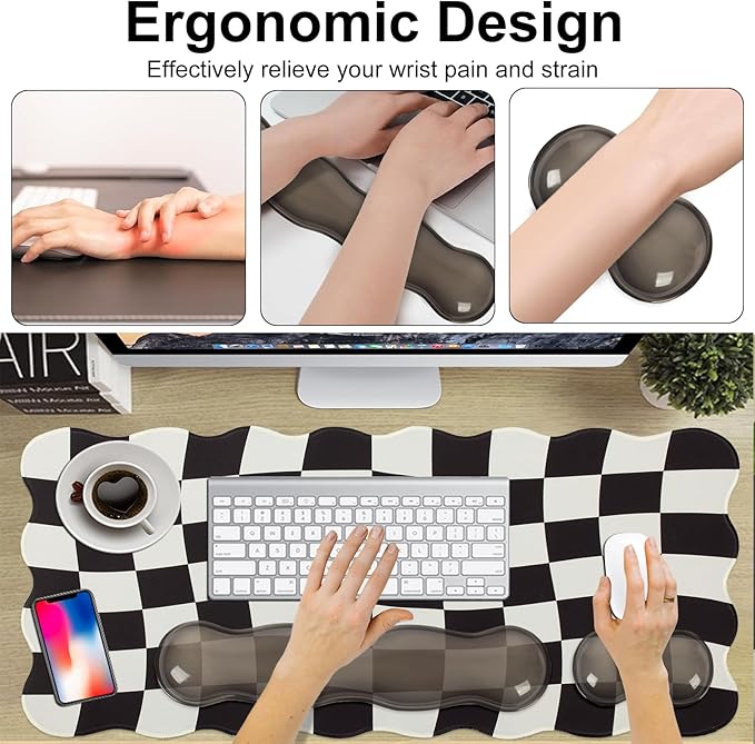 L-SPOUTTO Black Checkered Mouse Pad SetScalloped XXL Desk Mat + Ergonomic Mouse Wrist Rest + Gel Keyboard Wrist Rest for Keyboard 65%/75%3in1 Large Desk Pad for Desktop Home Office Computer Game