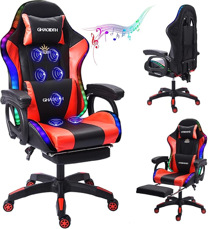 Gaming Chair with Massage and Footrest Ergonomic Computer Chair Video Gaming Chair with Speakers and LED Lighting High Back Racing Chair with Headrest and Lumbar Pillow.Red