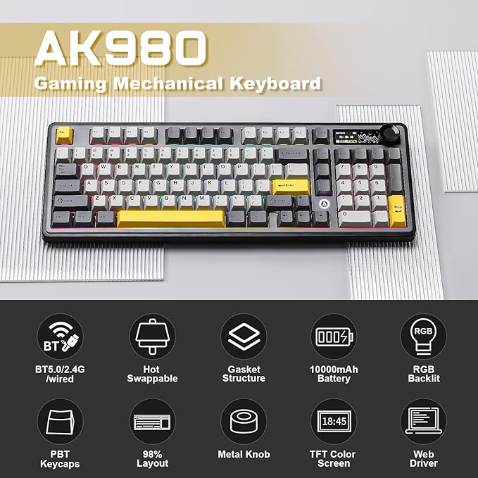 AJAZZ AK980 Wireless Keyboard with Smart Display &amp Knob98% Mechanical Keyboard Tri-Mode BT/2.4G/USB-C Hot Swappable PBT Keycaps with RGB Light for Win &amp Mac(BlackMurad Switch)