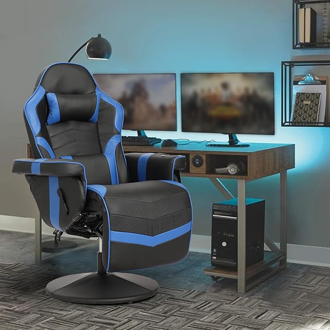 Gaming Chair Reclining Gaming Chair with Footrest PU Leather Game Chair Recliner with Massage Swivel Recliner Gaming Chairs for Adults with Cup Holder Lumbar Support Side Pouch (Blue)