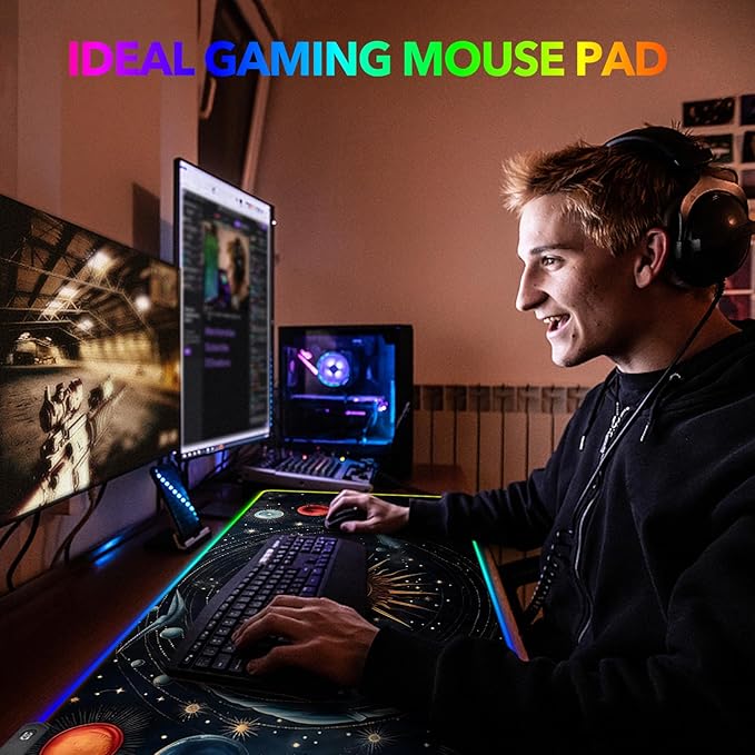 AIMSA RGB Mouse Pad LED Gaming Mouse Pad with 14 Lights Modes Non-Slip Rubber Base Computer Carpet Desk Mat for PC Laptop (35.4 x 15.8 inch) Abstract Solar System