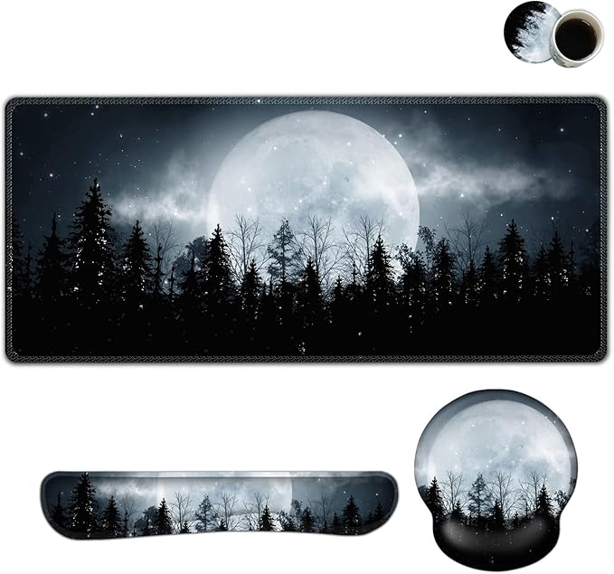 ARTSO Large Mouse Pad Ergonomic Keyboard Wrist Rest Support Memory Foam Extended Desk Mat Protector Non-Slip Desk Blotter for Office Home Night Moon Forest