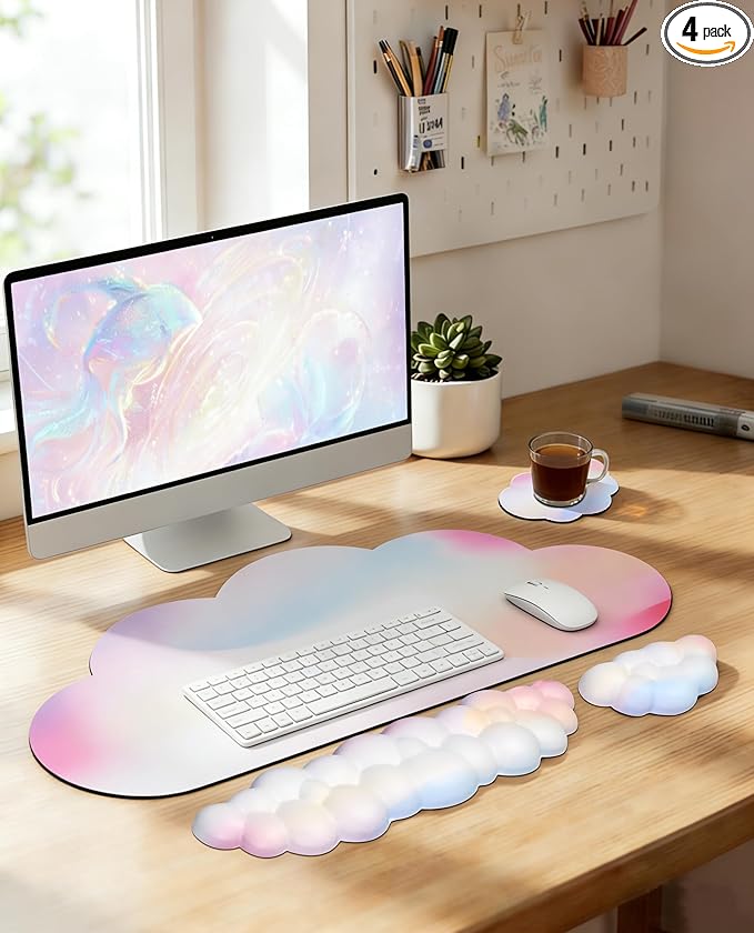 JIKIOU Large Cloud Mouse Pad Waterproof with Cloud Keyboard Wrist Pad and Cloud Mouse Wrist Pad Set Ergonomic Computer Desk Wrist Support Mousepad for Keyboard and Mouse 35.4x15.7in Rainbow