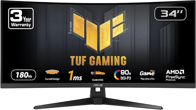ASUS TUF Gaming 34” Ultra-Wide Curved Monitor (VG34VQ3B) – 21:9 QHD (3440x1440) 180Hz 1ms Extreme Low Motion Blur Sync FreeSync Premium Speaker 90% DCI-P3 DisplayWidget Center 3 yr Warranty