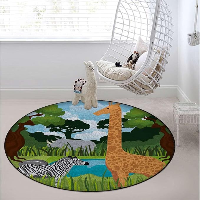 Multicolor Round Rug Nursery Rug for Bedroom Playroom Non Slip Educational Playmat Round Circle Carpet Animals in Fractal Display Vivid Colors Diameter 55 in