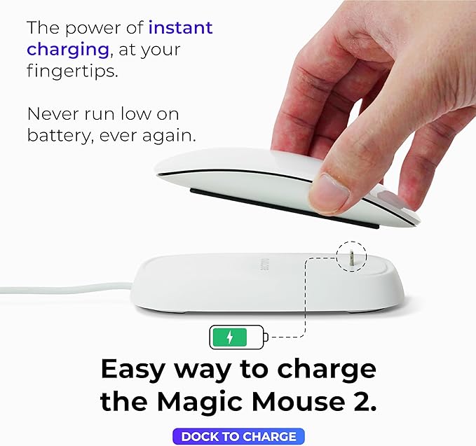 Ascrono - Charging Station Compatible with Apple Magic Mouse 2 - White - Perfect Accessories | Usable As Charging Dock Stand &amp Charger | Includes 5ft (1.5m) USB-A Cable | Lightning Connector