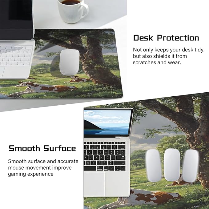 Forest Tree Cow Large Mouse Pad Gaming Mousepad Desk Mat for Desktop Computer Keyboard Waterproof Mouse Mat Desk Pad with Non-Slip Base for Game School Office Home 35.4 x 15.7