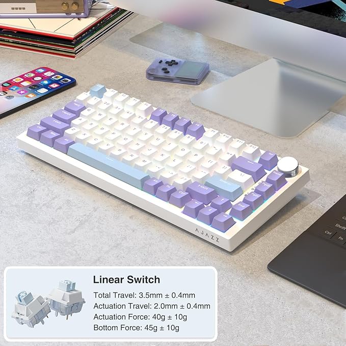 AJAZZ AK820 75% Wired RGB Gasket Mechanical Keyboard with Volume Knob Compact 82 Keys Hot-Swap Keyboard OME Profile PBT Keycap Detachable Type-C Cable (Purple&ampBlue)