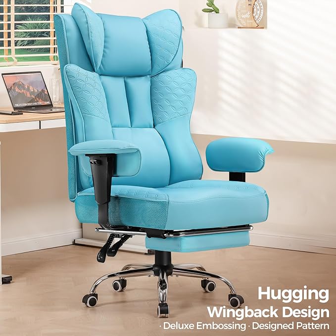 GTPLAYER Big and Tall Office Chair 400LBS Wide Ergonomic Gaming Chair with Deluxe Embossing Designed Leather with Foot Rest150°Reclining Adjustable Soft Armrests Pocket Spring Back Support and Pillow