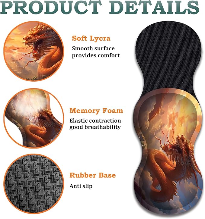 Large Gaming Mouse Pad + Wrist Rest + Lace Coaster Non-Slip Set with Sewn Edges and Waterproof Expandable Desktop Pad Suitable for Office/Home Golden Dragon