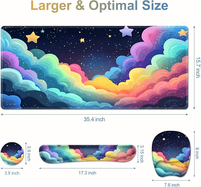 Mouse Pad with Wrist Support 4 in1 Set XXL Big Game Mousepad + Keyboard Wrist Rest + Mouse Wrist Rest Pad +Coaster Gaming Mat for Home Office Work Computer Laptop I Colorful Clouds Starry Night