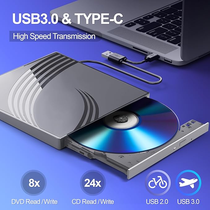 External CD/DVD Drive for Laptop Ultra Slim CD Burner USB 3.0 Hub with 4 USB Ports 2 TF/SD Card Slots 1 Type-C Port Laptop DVD Player with Case(Gray)