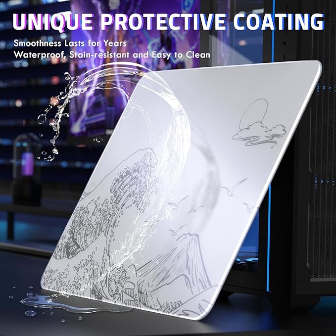 ATTACK SHARK CM05SE Glass Mousepad for Gaming Ultra Smooth Mouse Mat with Nano-Textured Surface Tempered Glass Mouse Pad Precision Speed Control for Games and Office (White Wave 16.1 L x 12.2 W)