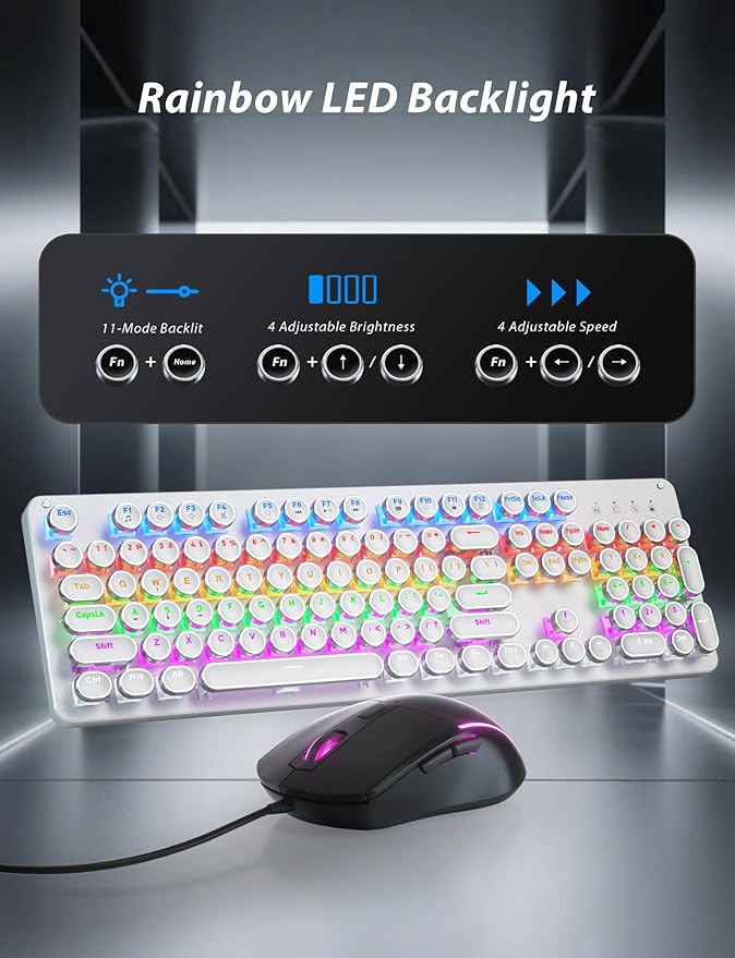 Typewriter Mechanical Gaming Keyboard and Mouse Metal Panel Retro Keyboards with Round Keycap Blue Switch Rainbow LED Backlit 104-Key Anti-Ghost Wired Mouse and Pad Combo for PC Laptop Mac Gamer
