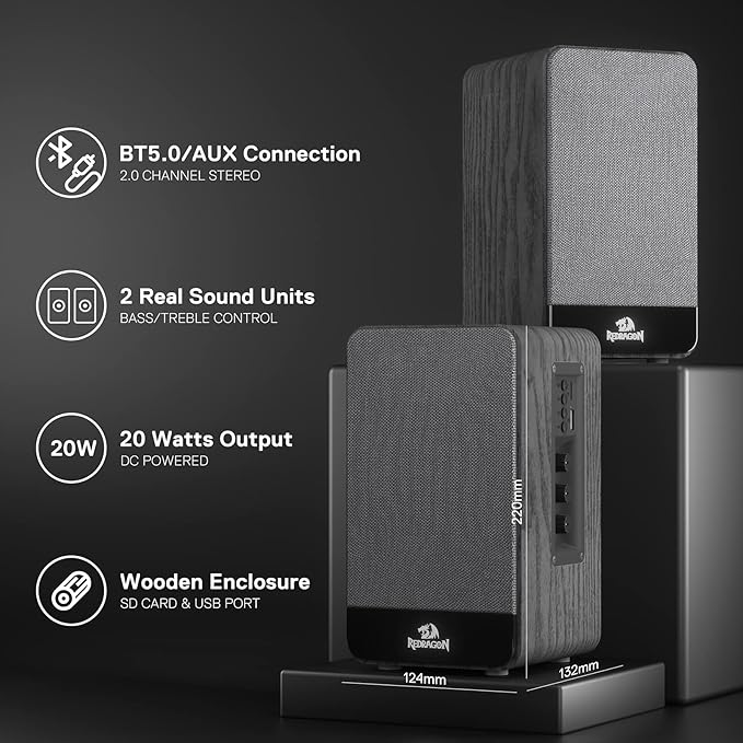 Redragon GS813 Wireless Desktop Speakers 2.0 Bookshelf Speaker w/20W Output BT 5.0/3.5mm AUX Enhanced Bass/Treble Knob and TF Card/USB Flash Drive Supported