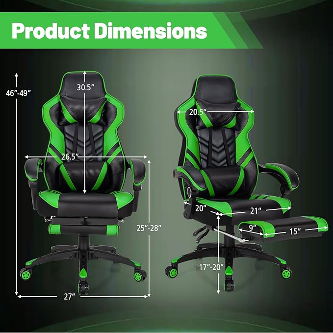 Goplus Gaming Chair Computer Chair with Footrest and Lumbar Support Height Adjustable Executive Swivel Rolling Task Chair with 90°-155° Tilt Function (Green)
