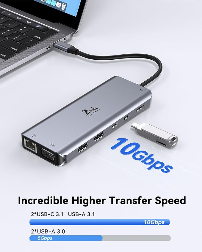 USB C Docking Station Dual Monitor for Laptop LIONWEI 14-in-1 USB-C Hub with Triple Display 2 HDMI + VGA Ethernet 6 USB A/C 3.0/2.0 PD SD/TF Audio USBC Dock for Surface/HP/Dell/Lenovo/MacBook