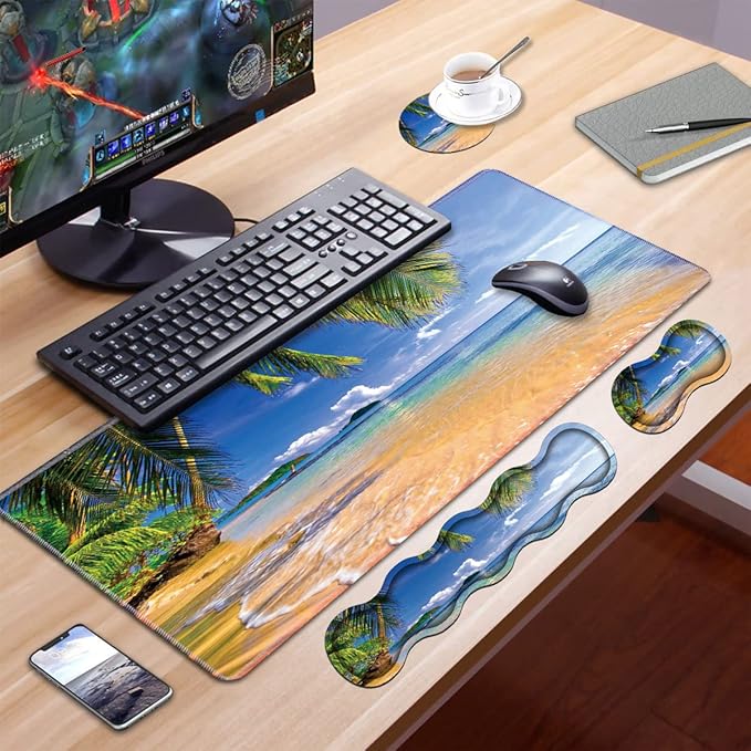 Ergonomic Keyboard Wrist Rest &amp Mouse Pad Wrist Rest Set Large XXL Gaming Desk Mat 31.5x 11.8 Non-Slip Base Memory Foam Easy Typing Pain Relief for Office &amp Home Shore Palms Tropical Be