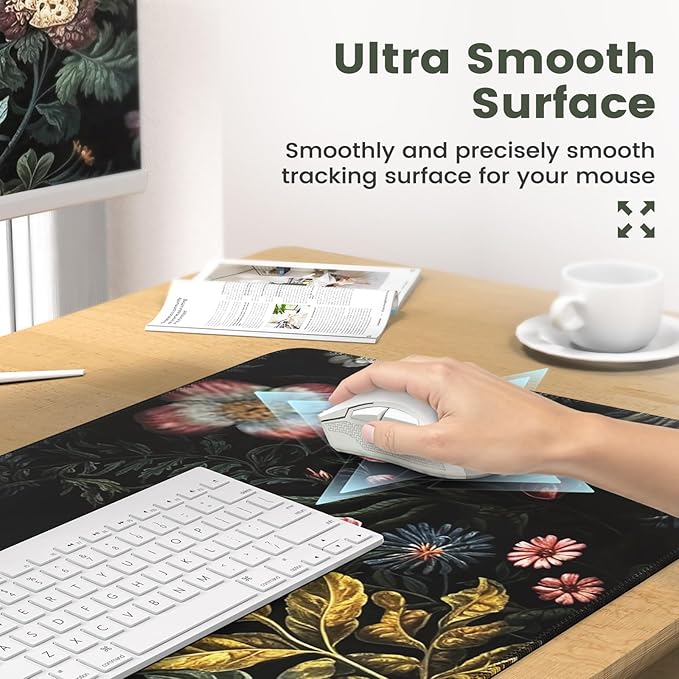 iCasso Desk Cover Mat 4in1 Floral Large Mouse Pad with Wrist Rest Desk Matt for Desktop Anti-Slip XXL Big Computer Ergonomic Mousepad with Wrist Support for Keyboard and Mouse (Elegant Flowers)