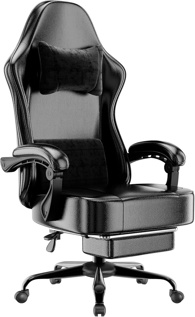 Ergonomic Gaming Chair with Pocketed Spring Cushion Breathable Fabric Computer Chair with Footrest Adjustable Lumbar Support Video Game Chair for Adults (Faux Leather Dark Black)