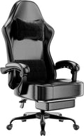 Ergonomic Gaming Chair with Pocketed Spring Cushion Breathable Fabric Computer Chair with Footrest Adjustable Lumbar Support Video Game Chair for Adults (Faux Leather Dark Black)