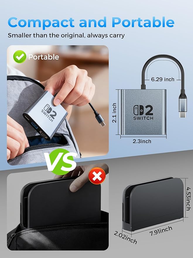 Switch 2 DockPortable USB C Docking Station with 4K@120Hz/PD 100W/1000M Ethernet/2 USB 3.0 PortAluminum Alloy Travel TV Dock for Switch/Steam Deck/ROG Xbox Ally X/Legion Go 1/2/S