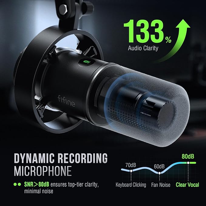 FIFINE XLR/USB Podcast Microphone with Audio Mixer Set Studio Recording PC Mic with XLR Mixer Bundle 7.1 Surround Sound Headphone Monitoring Voice Changer for Gaming (K688+SC8)