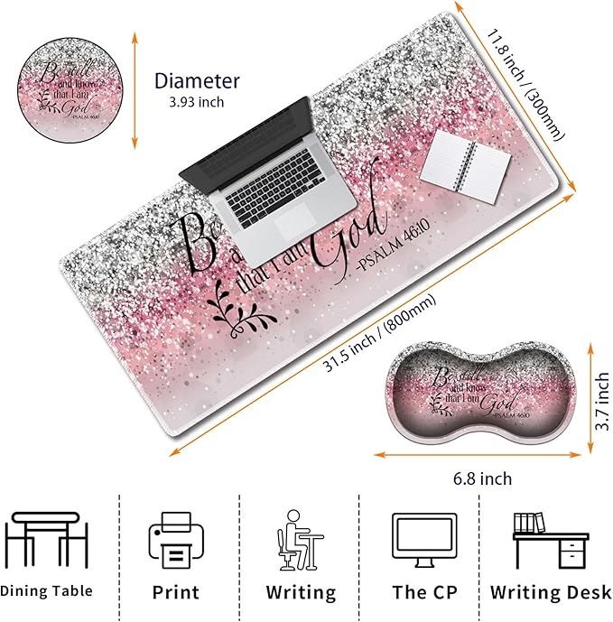 Durable Desk Mat + Wrist Rest Pad + Coasters Set Large Gaming Office Mouse Pad 31.5 x 11.8 Extended Non-Slip Rubber Keyboard Pad Laptop &amp Home Pink Flash Bible Pattern