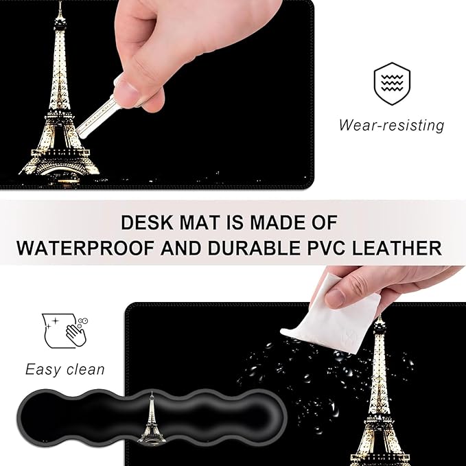 Mouse PadLarge Desk Mat Set 4in1 XL Mousepad + Keyboard Wrist Rest+Mouse Wrist Rest+Coaster with Ergonomic Desk Pad for Home Office Table Computer Cover -Eiffel Tower at Night