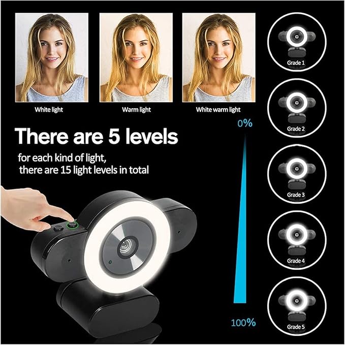 Video Conference Camera HD 2K Webcam with Autofocus 3-Color Ring Light Web Camera with Microphone for PC Computer Camera Web Cam for Streaming for Business Meetings (Color : Black)