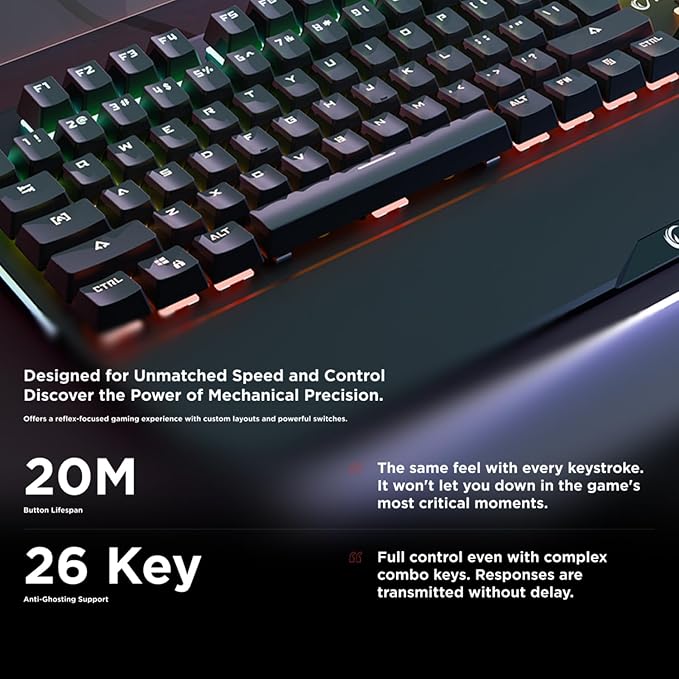KB-R86 Umbra Mechanical Gaming Keyboard – High-Performance Switches 26-Key Anti-Ghosting 12 Multia Keys Wrist Rest Durable ABS – Compatible with PC Laptop Mac (Blue Switch)