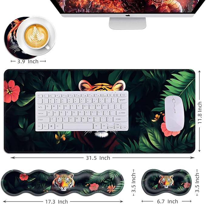Mouse PadLarge Desk Mat Set 4in1 XL Mousepad + Keyboard Wrist Rest+Mouse Wrist Rest+Coaster with Ergonomic Desk Pad for Home Office Table Computer Cover -Tiger with Jungle Flowers
