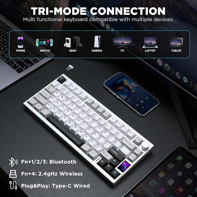 YUNZII AL80 Wireless Mechanical KeyboardFull Aluminum CNC Smart LCD DisplayHot Swappable Gasket Mount 75% Layout with KnobBT/2.4G/USB-CQMK/VIA Support for Win/Mac (Silver Cocoa Cream V2 Switch)