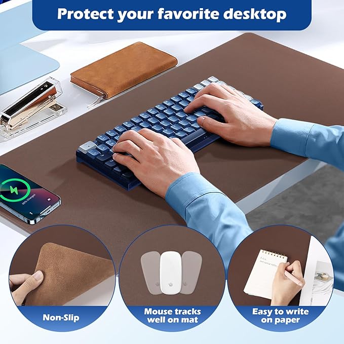 Wireless Charging Desk Mat with Desk Pad for Desktop Charging Large Mouse Pad Waterproof Leather Computer Mat Mouse Pad Non-Slip Protector on Top of Desks for Keyboard and Mouse (brown-l 32*16inch)